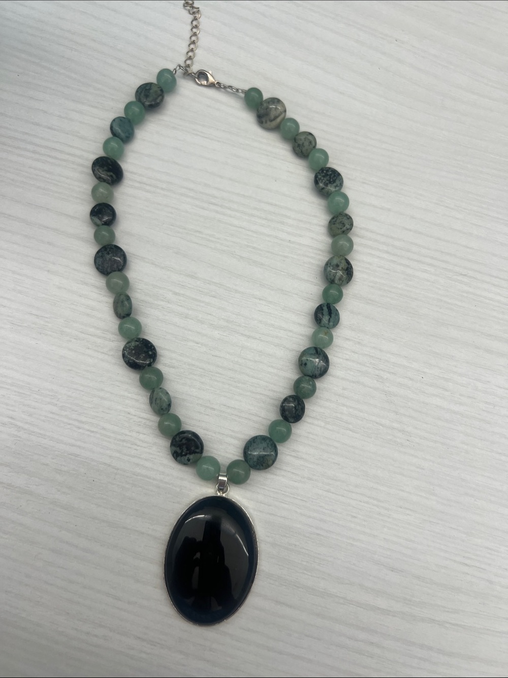 Green Bead Necklace with Black Oval Pendant